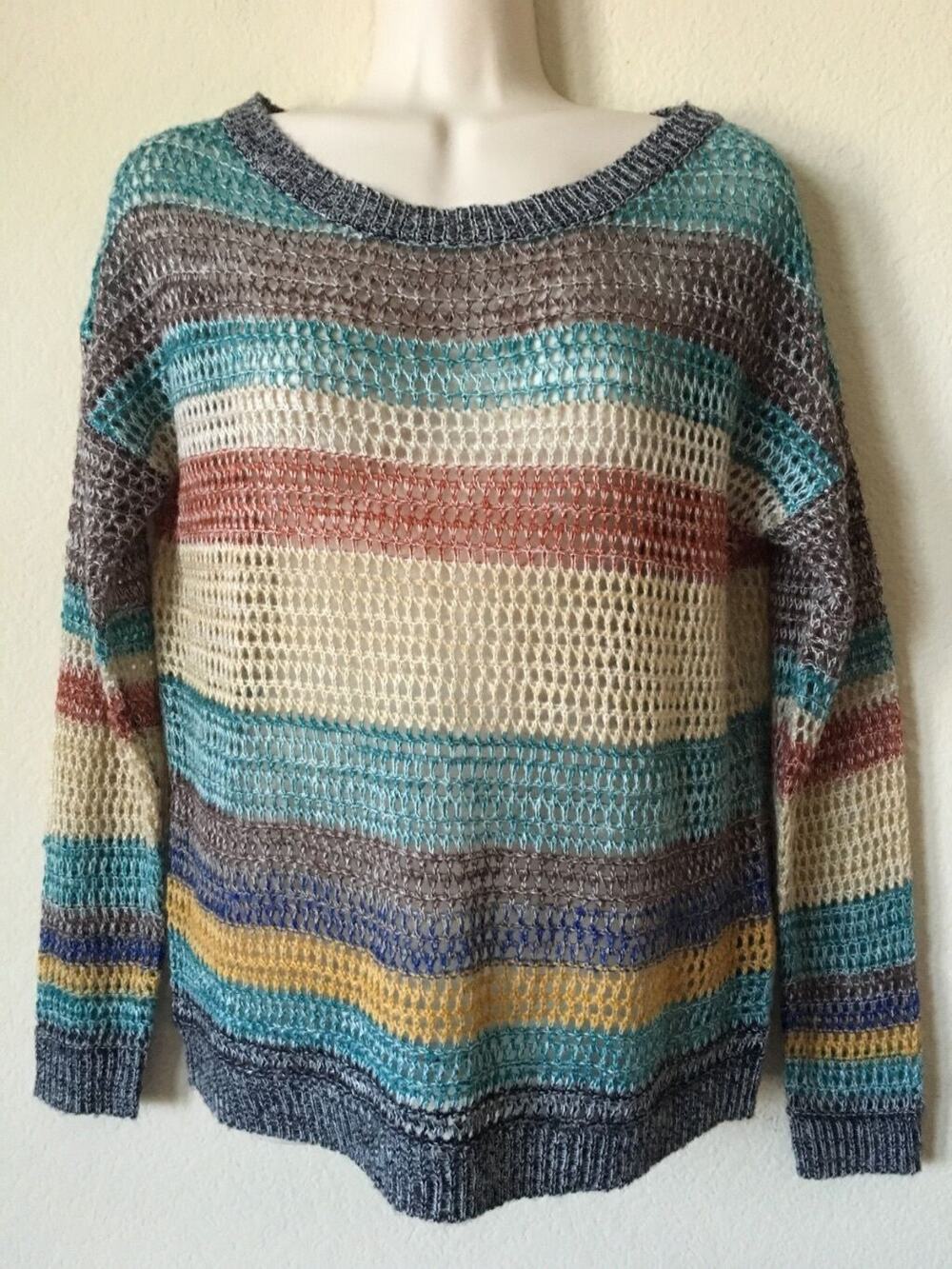 Full Tilt Beige Blue Gray Open Stitch Knit Long Sleeve Sweater Top Size S